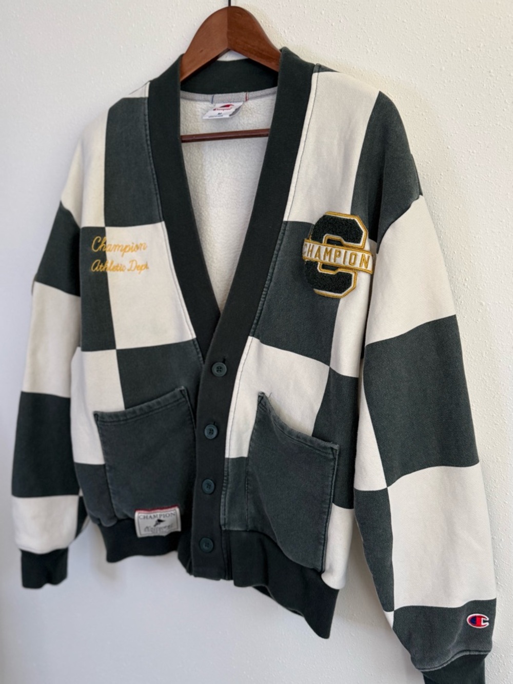Champion Checkerboard Varsity Cardigan Sweater Jacket Medium Streetwear - Picture 3 of 8